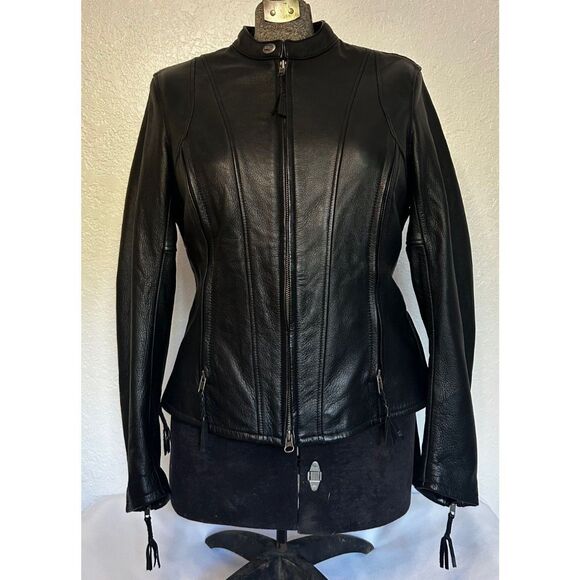 Harley Davidson Womens M Leather Riding Jacket Black Willie G Wheel Large Print - Picture 2 of 12
